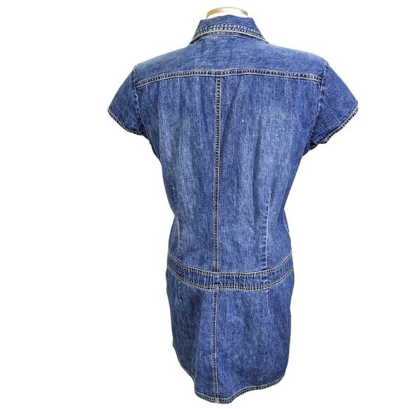 Vintage Y2K Old Navy Denim Shirt Dress Size 14 Short Sleeve Pockets Drop Waist - Picture 6 of 9